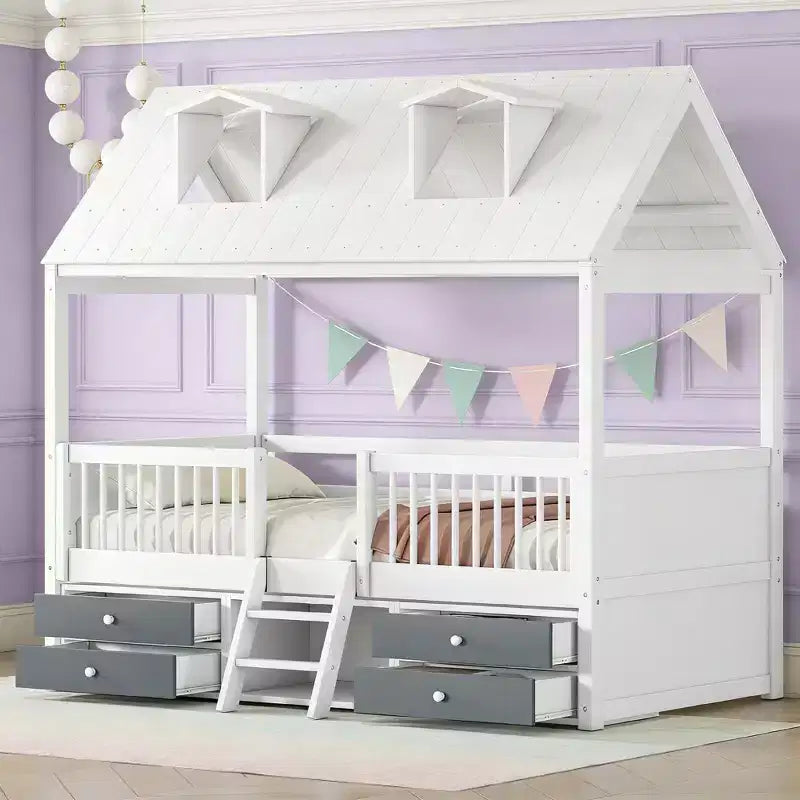 Luxystar Letto a Capanna Moderno in Legno con 4 Cassetti e Mensola