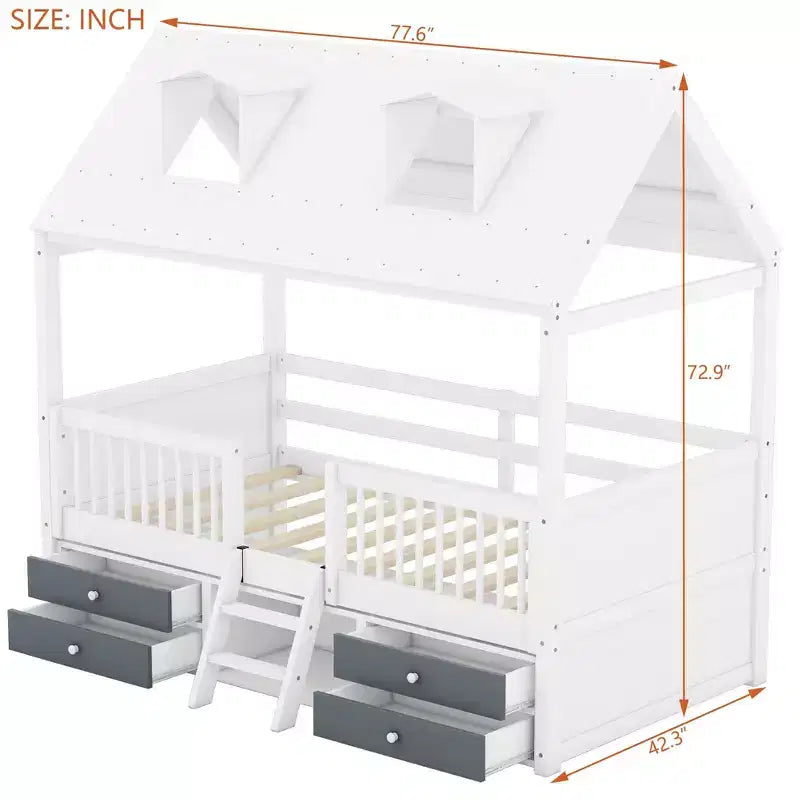 Luxystar Letto a Capanna Moderno in Legno con 4 Cassetti e Mensola