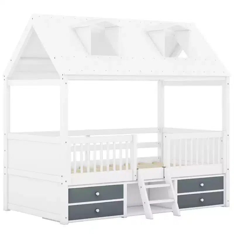 Luxystar Letto a Capanna Moderno in Legno con 4 Cassetti e Mensola