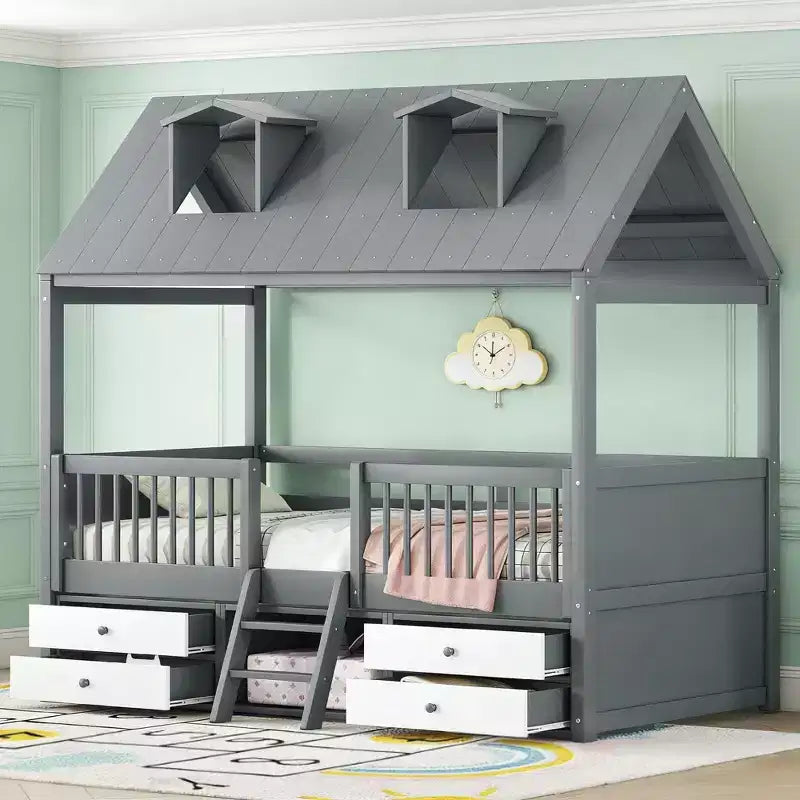 Luxystar Letto a Capanna Moderno in Legno con 4 Cassetti e Mensola