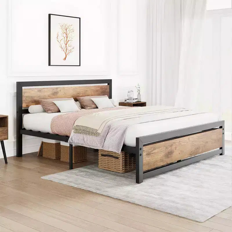 Struttura letto a piattaforma in metallo con testiera in legno, resistente, antiscivolo, ampio spazio contenitivo sotto il letto, nessuna rete a molle richiesta, silenzioso, matrimoniale