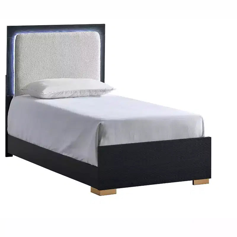 Letto a pannelli gemelli Passion Furniture Steeler in legno nero e oro con testiera illuminata a LED