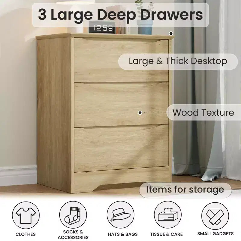 Comò Alto in Legno a 3 Cassetti, Cassettiera Moderna con Contenitori Profondi e Piano Ampio, Armadio Contenitore Lungo per Camera da Letto, Soggiorno, Corridoio e Stanza dei Bambini
