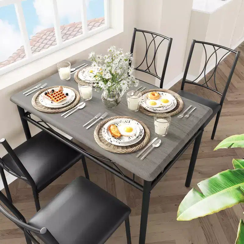 Set da 5 Pezzi per Tavolo da Pranzo per 4 Persone, Tavolo da Cucina Rettangolare con Sedie Imbottite, Robusta Struttura in Metallo, Grigio Rustico, per Appartamento Moderno/Sala da Pranzo