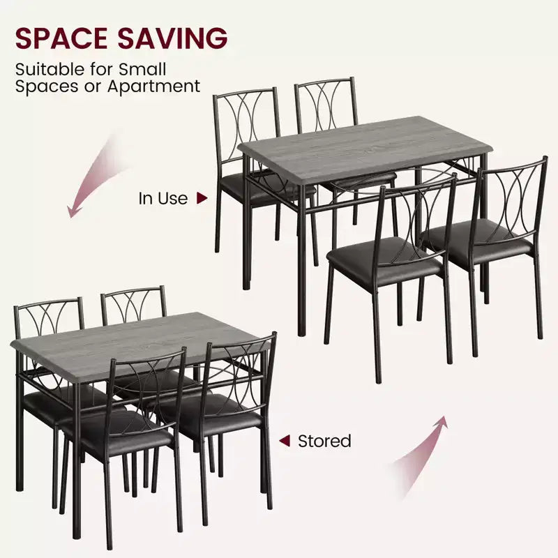 Set da 5 Pezzi per Tavolo da Pranzo per 4 Persone, Tavolo da Cucina Rettangolare con Sedie Imbottite, Robusta Struttura in Metallo, Grigio Rustico, per Appartamento Moderno/Sala da Pranzo