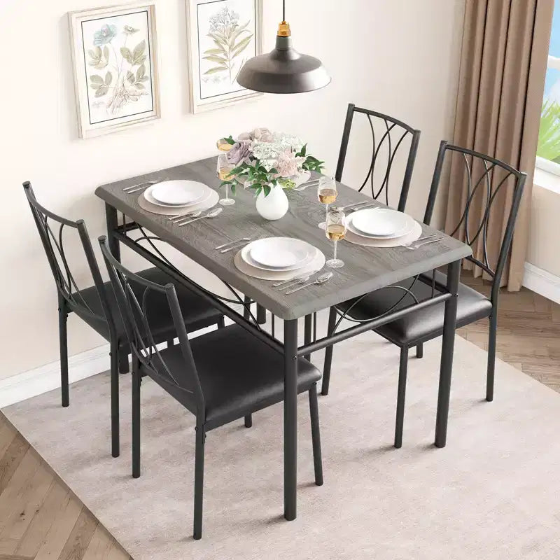 Set da 5 Pezzi per Tavolo da Pranzo per 4 Persone, Tavolo da Cucina Rettangolare con Sedie Imbottite, Robusta Struttura in Metallo, Grigio Rustico, per Appartamento Moderno/Sala da Pranzo