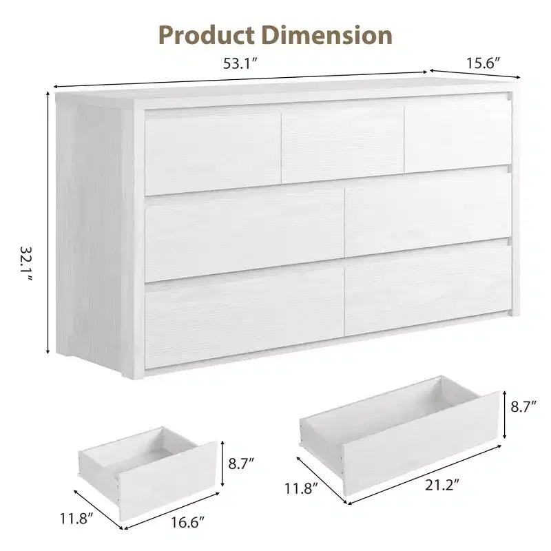 Acekool Cassettiera Larga a 7 Cassetti, Mobile Contenitore in Legno per Camera da Letto, Soggiorno, Ingresso, Finitura Moderna Bianca