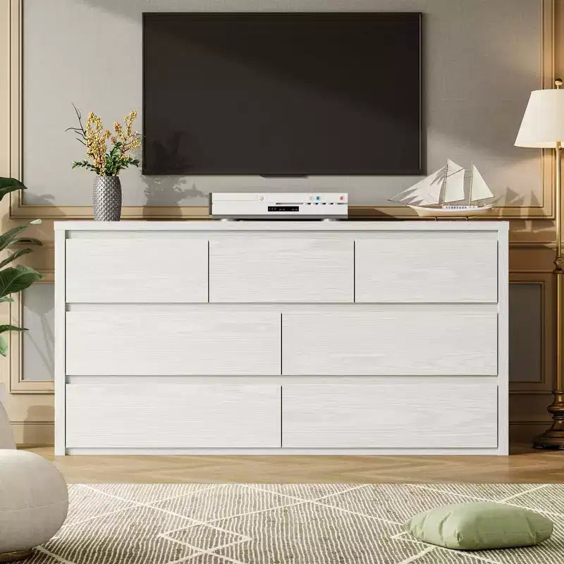 Acekool Cassettiera Larga a 7 Cassetti, Mobile Contenitore in Legno per Camera da Letto, Soggiorno, Ingresso, Finitura Moderna Bianca