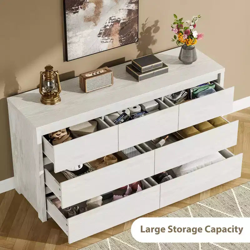 Acekool Cassettiera Larga a 7 Cassetti, Mobile Contenitore in Legno per Camera da Letto, Soggiorno, Ingresso, Finitura Moderna Bianca