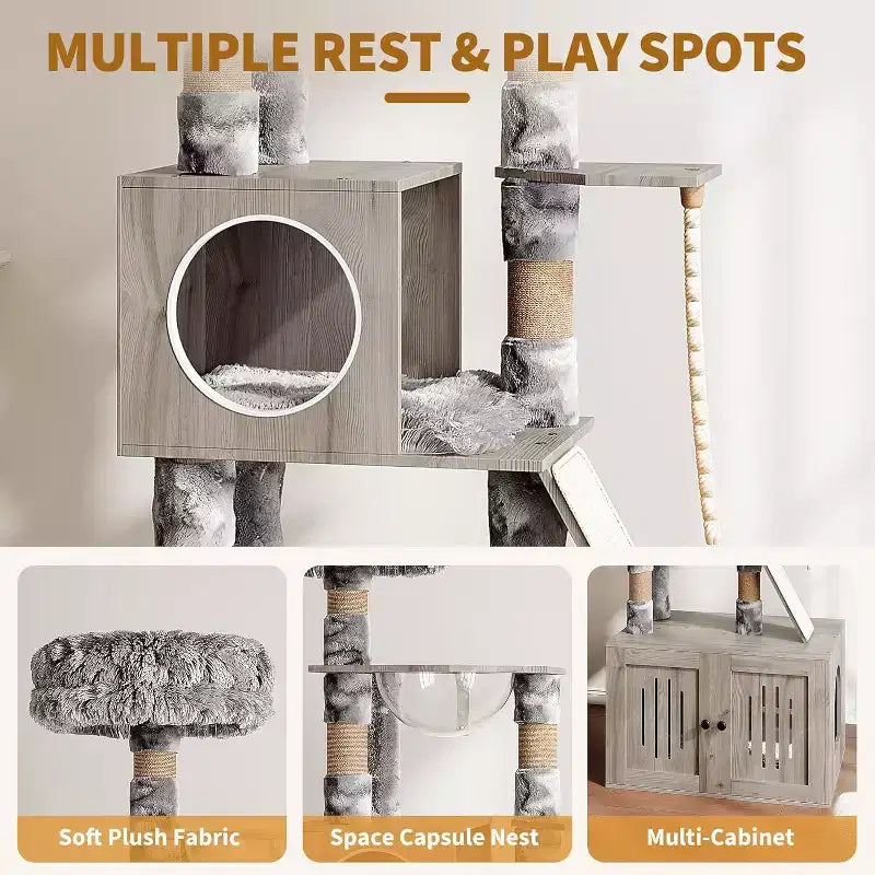 Tiragraffi con Mobile per Lettiera, Torre Tiragraffi in Legno Alta 170 cm con Capsula Trasparente e Comoda Amaca, Mobile Copri-Lettiera con Pali Tiragraffi
