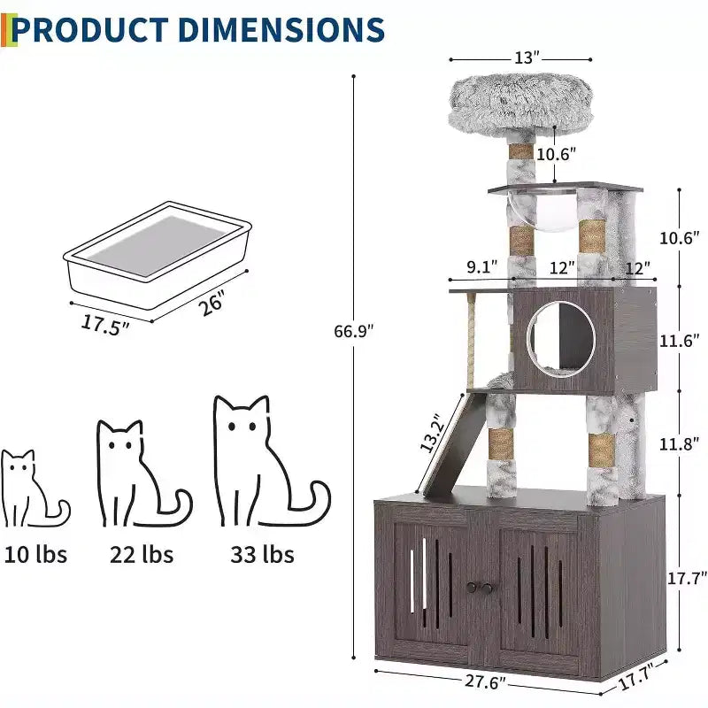 Tiragraffi con Mobile per Lettiera, Torre Tiragraffi in Legno Alta 170 cm con Capsula Trasparente e Comoda Amaca, Mobile Copri-Lettiera con Pali Tiragraffi