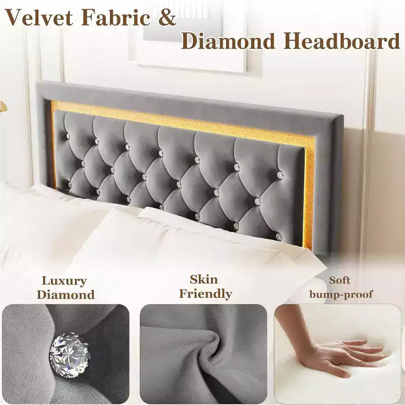 Struttura letto flottante con testiera a diamante, letto a piattaforma imbottito, supporto a doghe in legno, nessun bisogno di rete a molle, facile montaggio