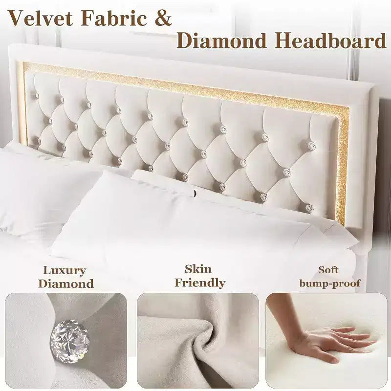 Struttura letto flottante con testiera a diamante, letto a piattaforma imbottito, supporto a doghe in legno, nessun bisogno di rete a molle, facile montaggio