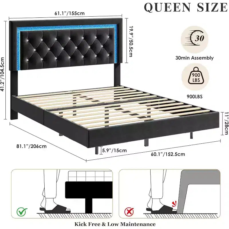 Struttura letto flottante con testiera a diamante, letto a piattaforma imbottito, supporto a doghe in legno, nessun bisogno di rete a molle, facile montaggio