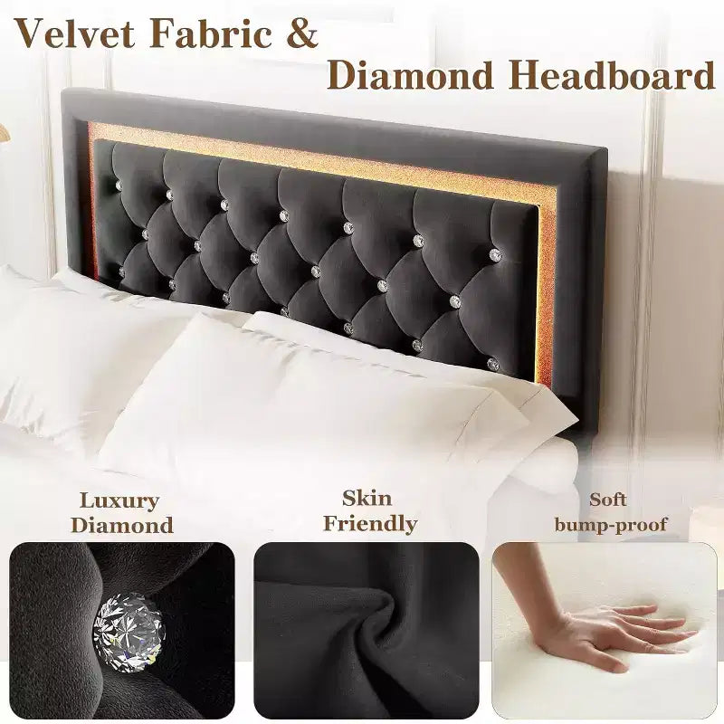 Struttura letto flottante con testiera a diamante, letto a piattaforma imbottito, supporto a doghe in legno, nessun bisogno di rete a molle, facile montaggio