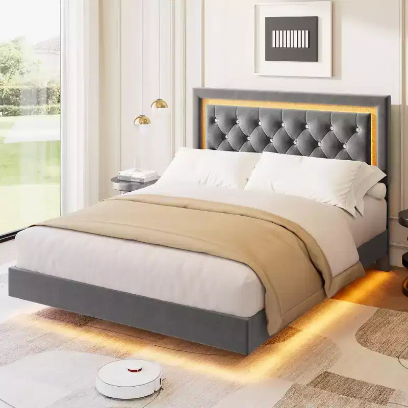 Base de Cama Flotante con Cabecero Acolchado de Diamantes, Base de Cama Tapizada, Soporte de Láminas de Madera, No Requiere Somier, Fácil Montaje
