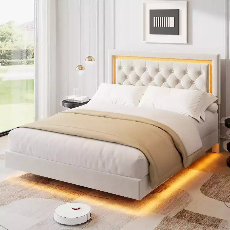 Base de Cama Flotante con Cabecero Acolchado de Diamantes, Base de Cama Tapizada, Soporte de Láminas de Madera, No Requiere Somier, Fácil Montaje