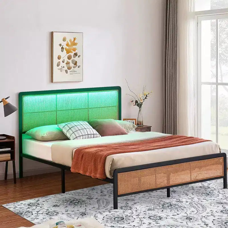 Struttura letto a piattaforma in rattan con doghe in metallo, contenitore sottoletto, non richiede rete a molle, stile boho, misura Queen, nero/bianco, con/senza luce LED RGB