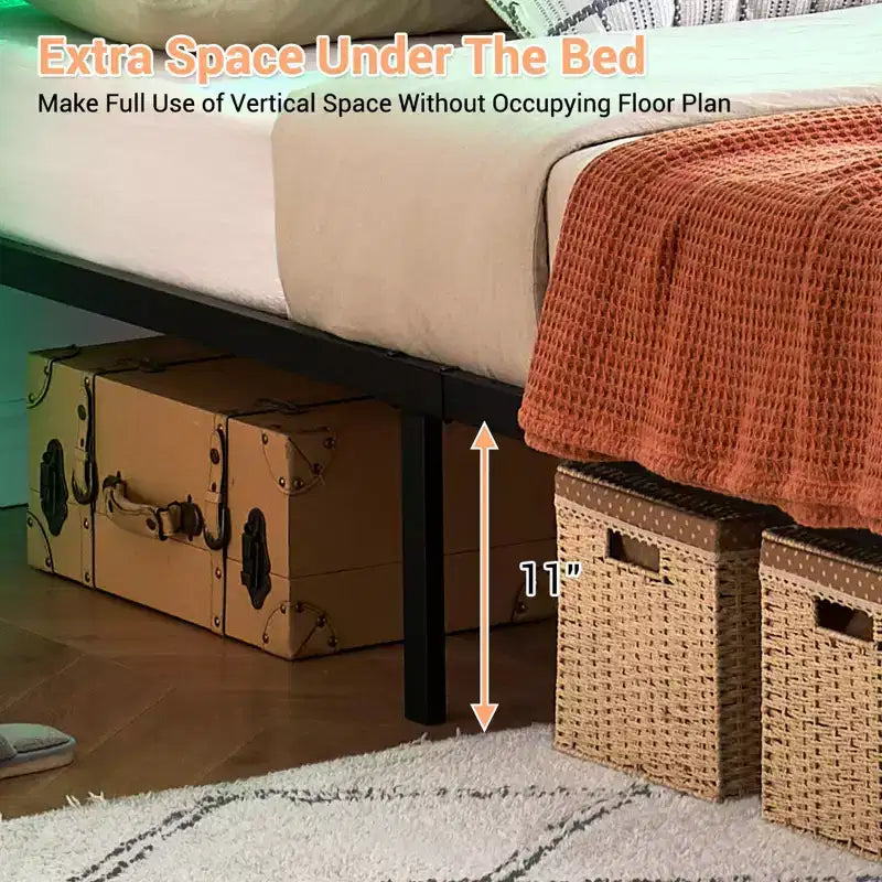 Struttura letto a piattaforma in rattan con doghe in metallo, contenitore sottoletto, non richiede rete a molle, stile boho, misura Queen, nero/bianco, con/senza luce LED RGB