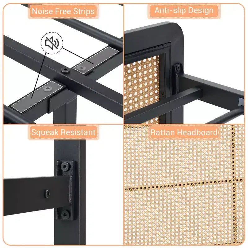 Struttura letto a piattaforma in rattan con doghe in metallo, contenitore sottoletto, non richiede rete a molle, stile boho, misura Queen, nero/bianco, con/senza luce LED RGB