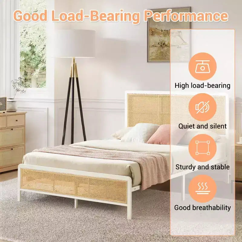 Struttura letto a piattaforma in rattan con doghe in metallo, contenitore sottoletto, non richiede rete a molle, stile boho, misura Queen, nero/bianco, con/senza luce LED RGB