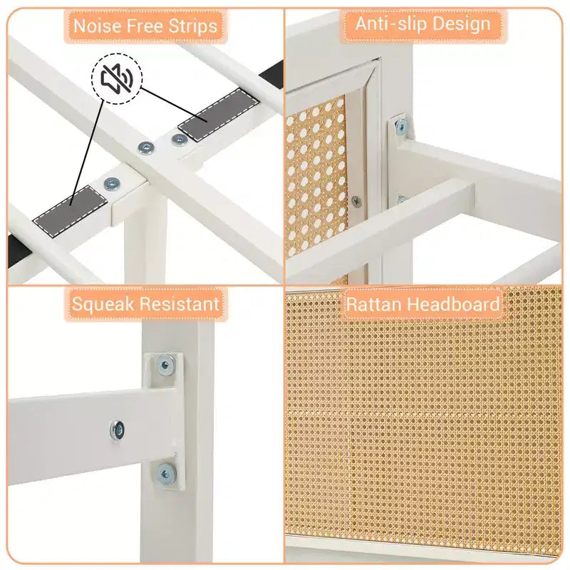 Struttura letto a piattaforma in rattan con doghe in metallo, contenitore sottoletto, non richiede rete a molle, stile boho, misura Queen, nero/bianco, con/senza luce LED RGB