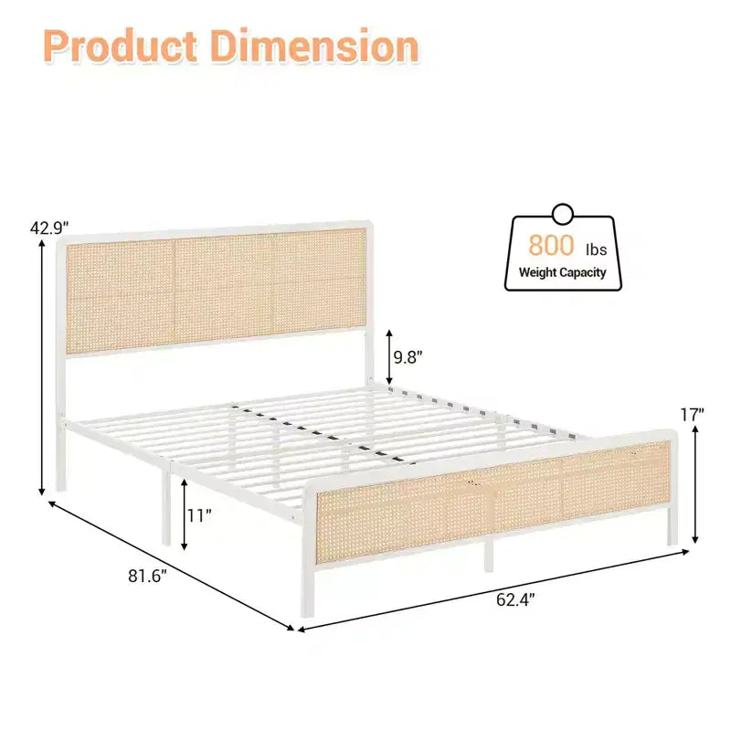 Struttura letto a piattaforma in rattan con doghe in metallo, contenitore sottoletto, non richiede rete a molle, stile boho, misura Queen, nero/bianco, con/senza luce LED RGB