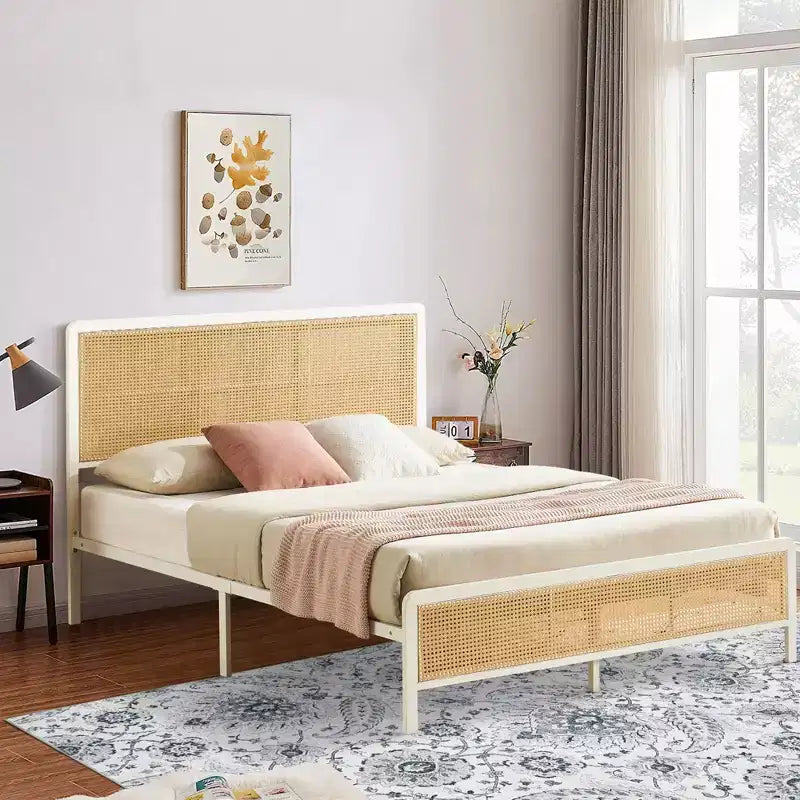 Struttura letto a piattaforma in rattan con doghe in metallo, contenitore sottoletto, non richiede rete a molle, stile boho, misura Queen, nero/bianco, con/senza luce LED RGB