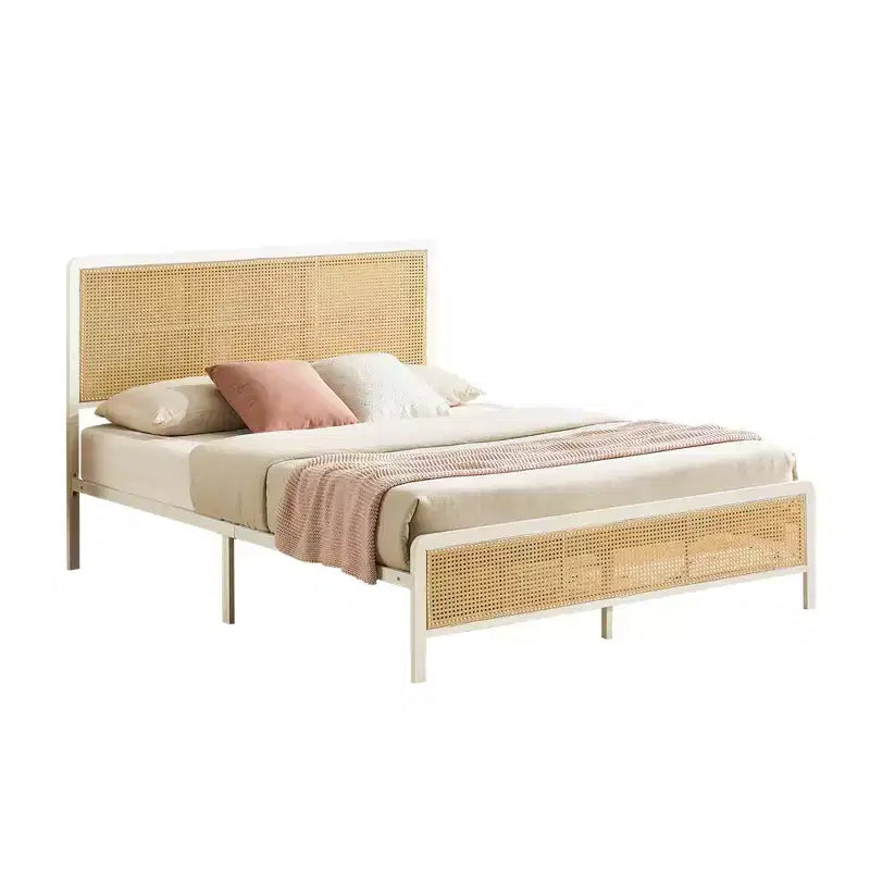 Struttura letto a piattaforma in rattan con doghe in metallo, contenitore sottoletto, non richiede rete a molle, stile boho, misura Queen, nero/bianco, con/senza luce LED RGB