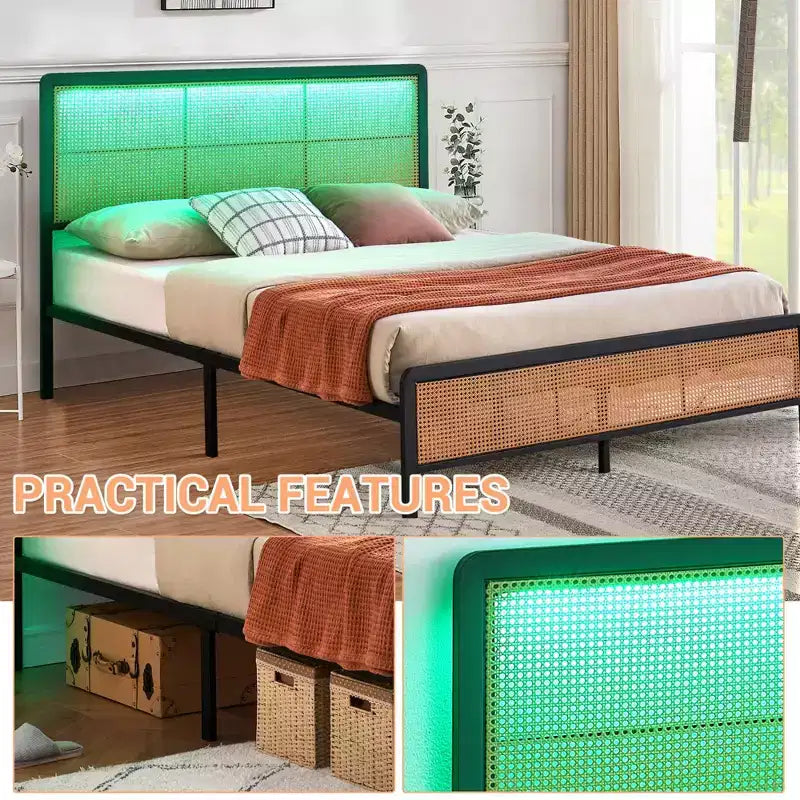 Struttura letto a piattaforma in rattan con doghe in metallo, contenitore sottoletto, non richiede rete a molle, stile boho, misura Queen, nero/bianco, con/senza luce LED RGB