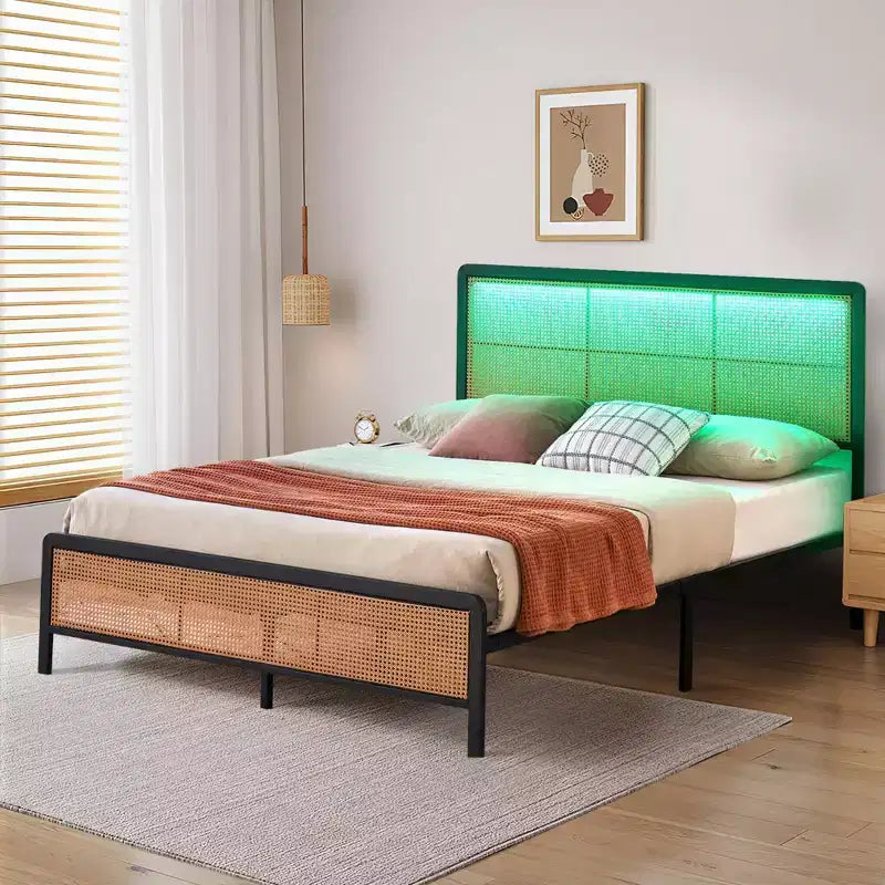 Struttura letto a piattaforma in rattan con doghe in metallo, contenitore sottoletto, non richiede rete a molle, stile boho, misura Queen, nero/bianco, con/senza luce LED RGB
