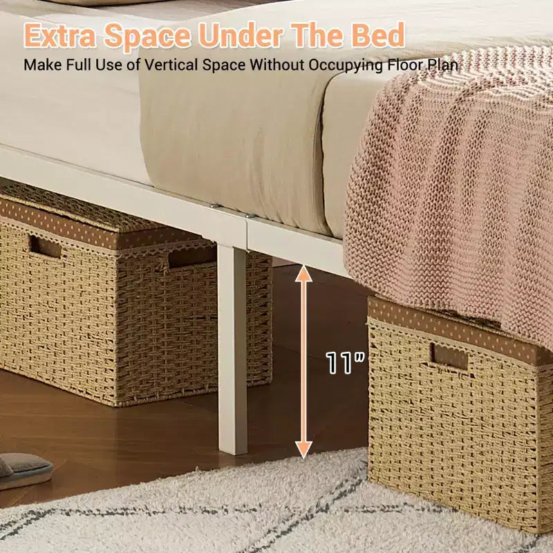 Struttura letto a piattaforma in rattan con doghe in metallo, contenitore sottoletto, non richiede rete a molle, stile boho, misura Queen, nero/bianco, con/senza luce LED RGB