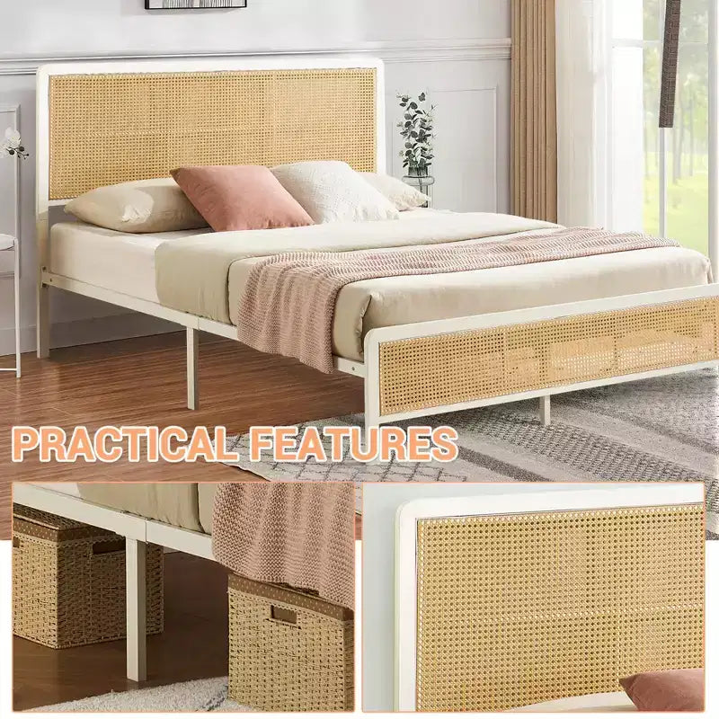 Struttura letto a piattaforma in rattan con doghe in metallo, contenitore sottoletto, non richiede rete a molle, stile boho, misura Queen, nero/bianco, con/senza luce LED RGB