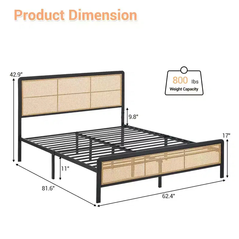 Struttura letto a piattaforma in rattan con doghe in metallo, contenitore sottoletto, non richiede rete a molle, stile boho, misura Queen, nero/bianco, con/senza luce LED RGB