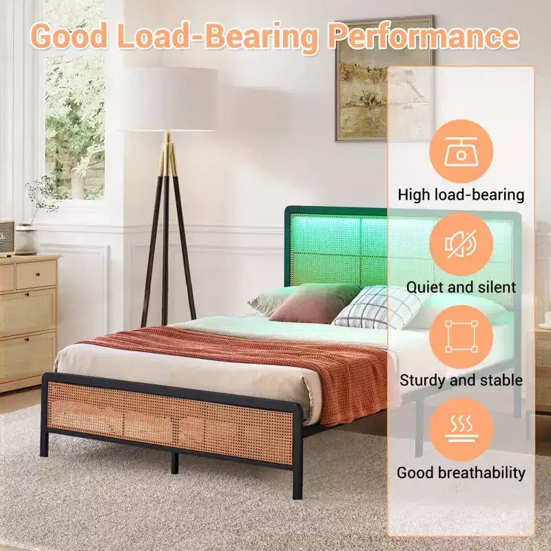 Struttura letto a piattaforma in rattan con doghe in metallo, contenitore sottoletto, non richiede rete a molle, stile boho, misura Queen, nero/bianco, con/senza luce LED RGB