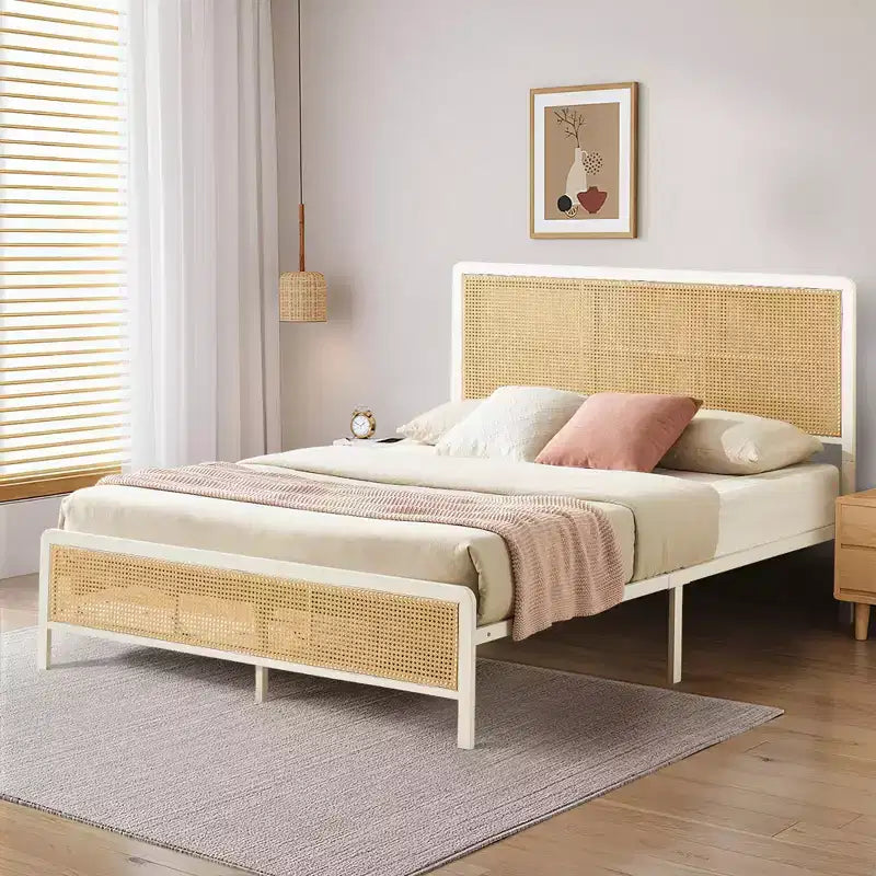 Base de cama de plataforma de ratán con somier de metal, almacenamiento debajo de la cama, no necesita somier, estilo bohemio, tamaño queen, negro/blanco, con/sin luz LED RGB