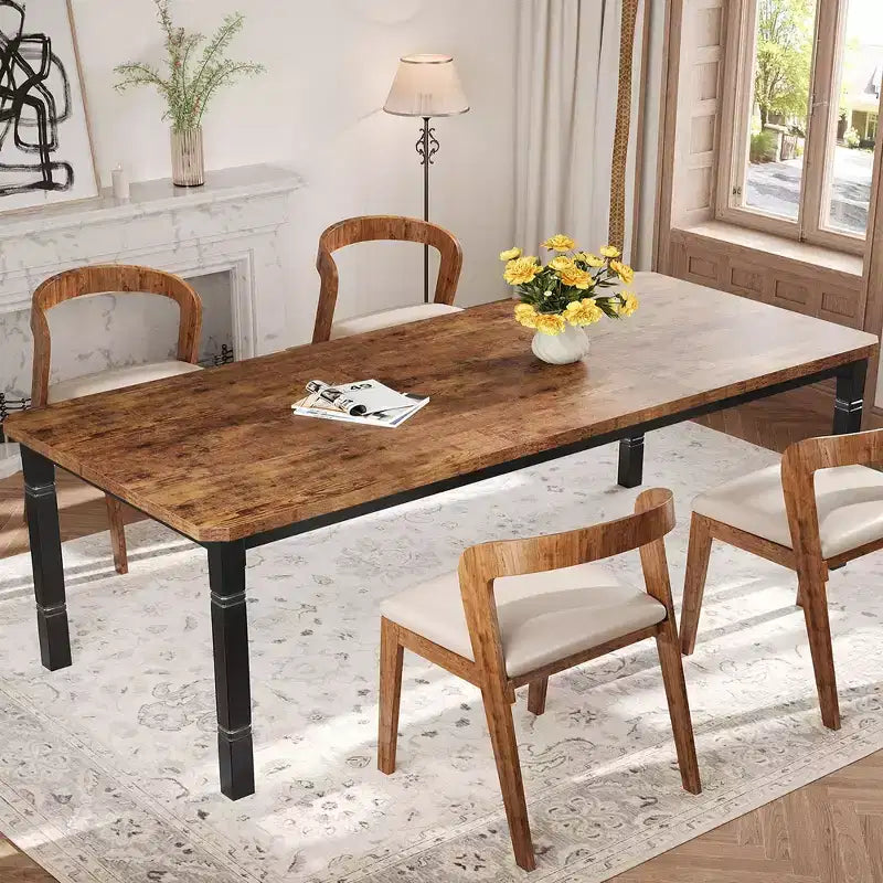 79 Tavolo da pranzo per 6-8, Tavolo da cucina rettangolare moderno con robuste gambe in metallo, Tavolo in legno stile rustico per l'ufficio domestico