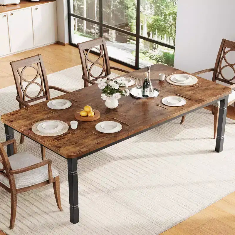 79 Tavolo da pranzo per 6-8, Tavolo da cucina rettangolare moderno con robuste gambe in metallo, Tavolo in legno stile rustico per l'ufficio domestico