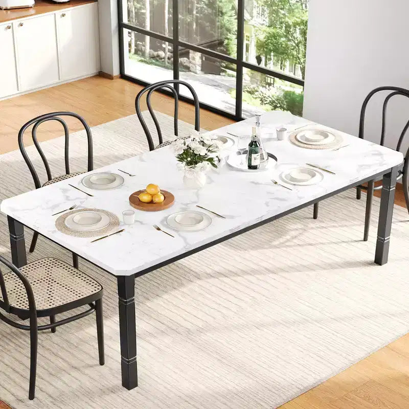 79 Tavolo da pranzo per 6-8, Tavolo da cucina rettangolare moderno con robuste gambe in metallo, Tavolo in legno stile rustico per l'ufficio domestico