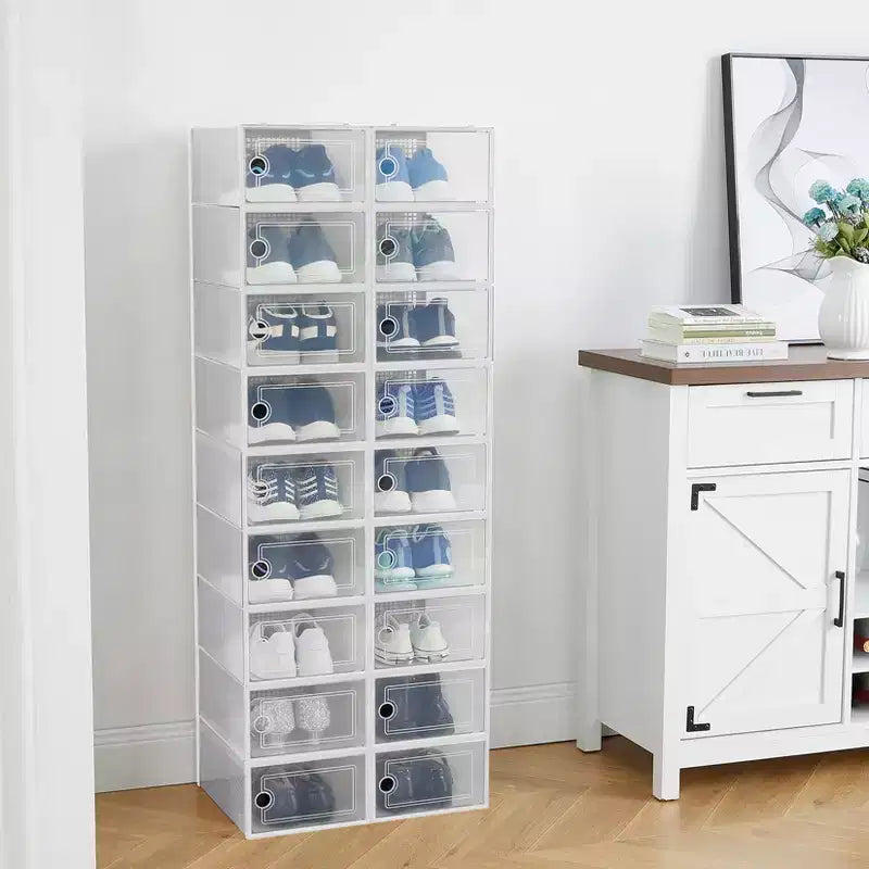 18 scatole porta scarpe pieghevoli grandi, organizer per scarpe impilabili in plastica per armadio, contenitori per scarpe da ginnastica con porta trasparente e coperchio incernierato