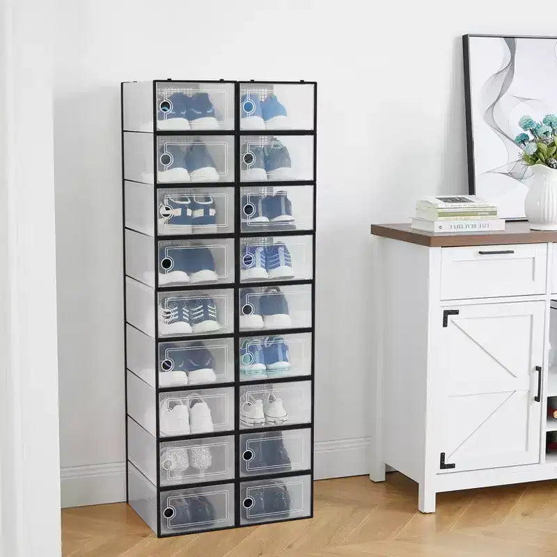 18 scatole porta scarpe pieghevoli grandi, organizer per scarpe impilabili in plastica per armadio, contenitori per scarpe da ginnastica con porta trasparente e coperchio incernierato