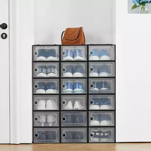 18-Pack Large Foldable Shoe Boxes, Stackable Plastic Shoe Storage Organizers for Closet, Clear Door Sneaker Containers with Hinged Lid