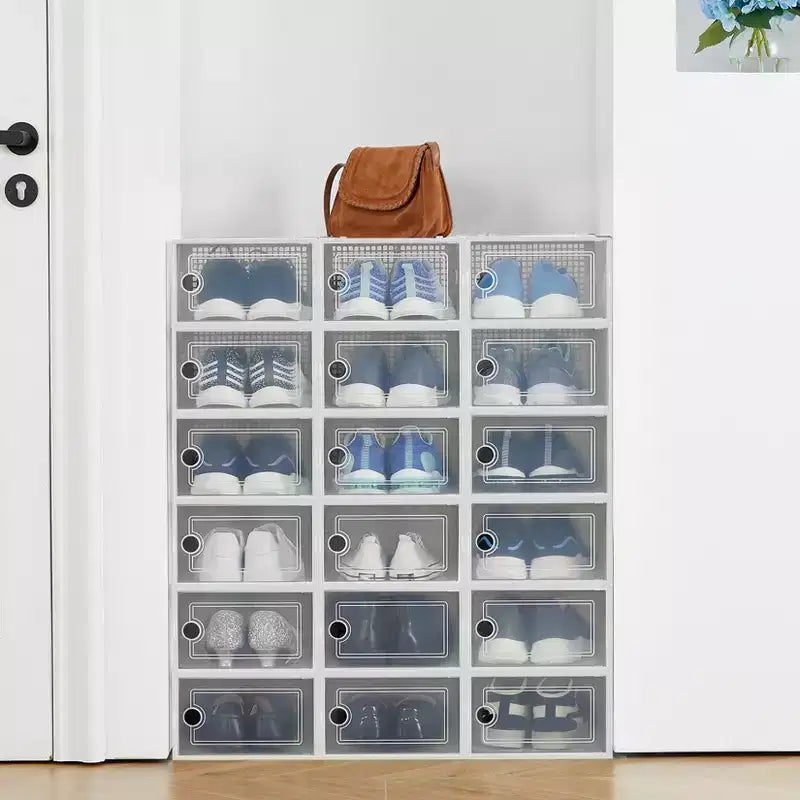 18 scatole porta scarpe pieghevoli grandi, organizer per scarpe impilabili in plastica per armadio, contenitori per scarpe da ginnastica con porta trasparente e coperchio incernierato