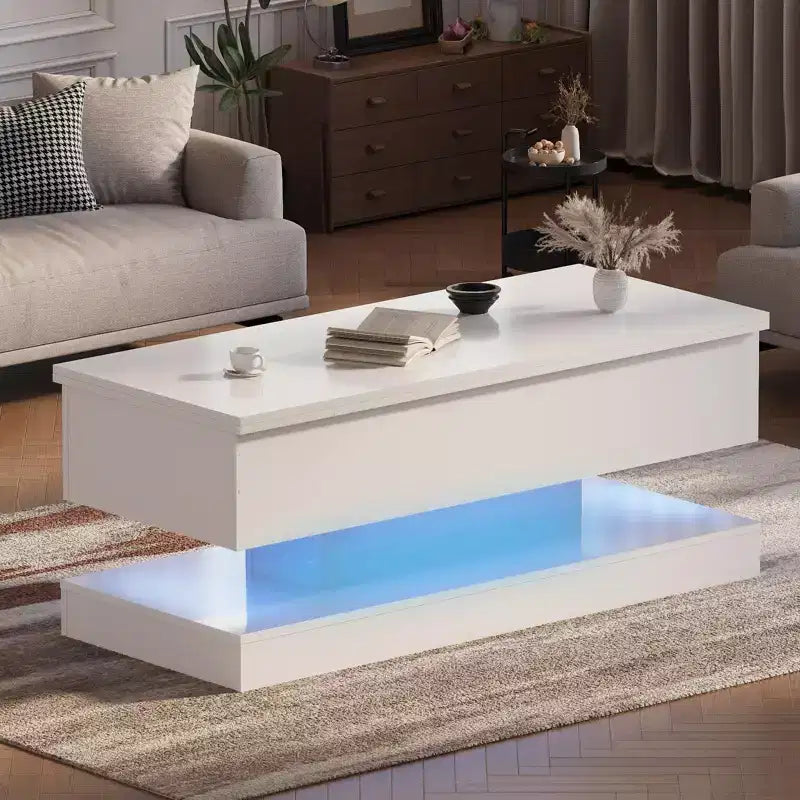 Mesa de centro elevable Acekool con almacenamiento, mesa ajustable de 47" de alto brillo para sala de estar y oficina en casa