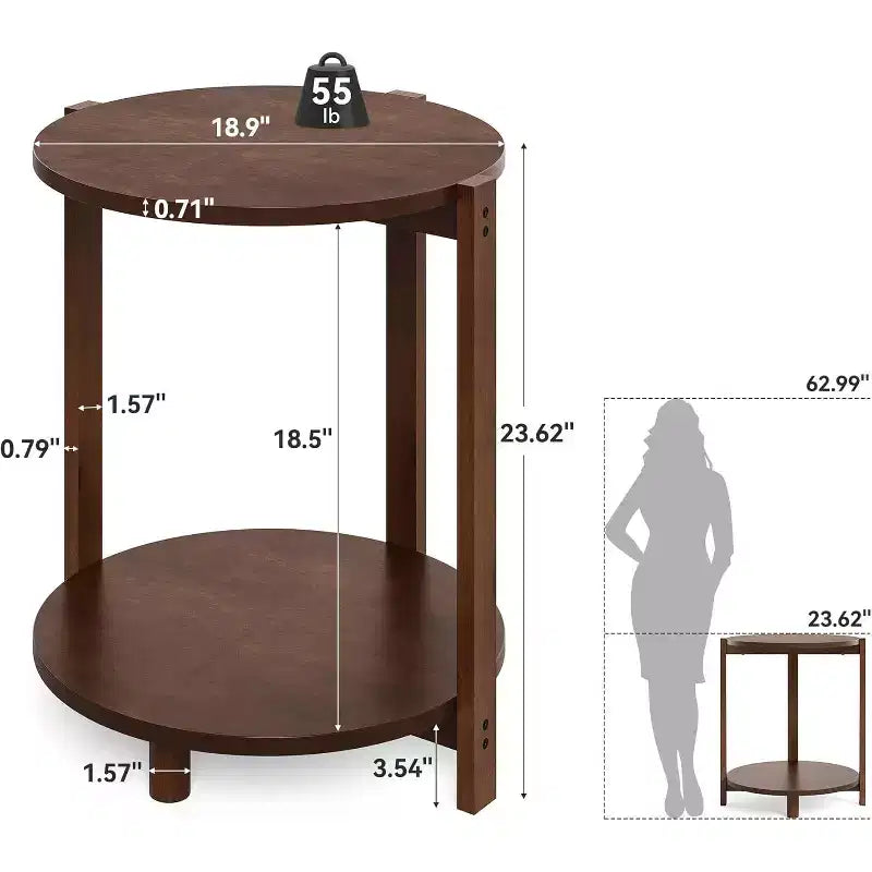 Tavolino Lantine in legno massello per soggiorno, tavolino rotondo piccolo con 2 ripiani, mobile d'accento per piccoli spazi, camera da letto, appartamento, marrone