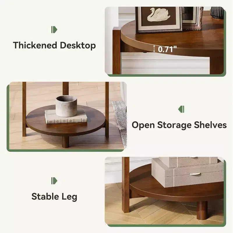 Tavolino Lantine in legno massello per soggiorno, tavolino rotondo piccolo con 2 ripiani, mobile d'accento per piccoli spazi, camera da letto, appartamento, marrone