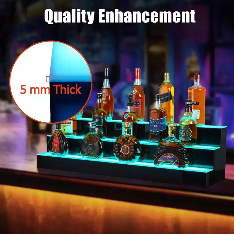 Mensola espositiva per liquori a 3 livelli, 150 cm, illuminata a LED, in acrilico, RGB multicolore, montaggio a parete, controllo tramite telecomando e app, per uso domestico/commerciale