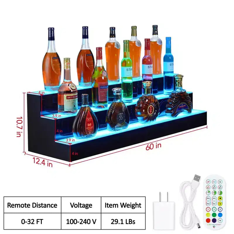 Mensola espositiva per liquori a 3 livelli, 150 cm, illuminata a LED, in acrilico, RGB multicolore, montaggio a parete, controllo tramite telecomando e app, per uso domestico/commerciale
