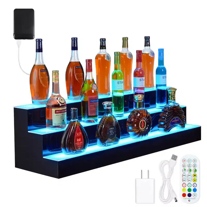 Mensola espositiva per liquori a 3 livelli, 150 cm, illuminata a LED, in acrilico, RGB multicolore, montaggio a parete, controllo tramite telecomando e app, per uso domestico/commerciale