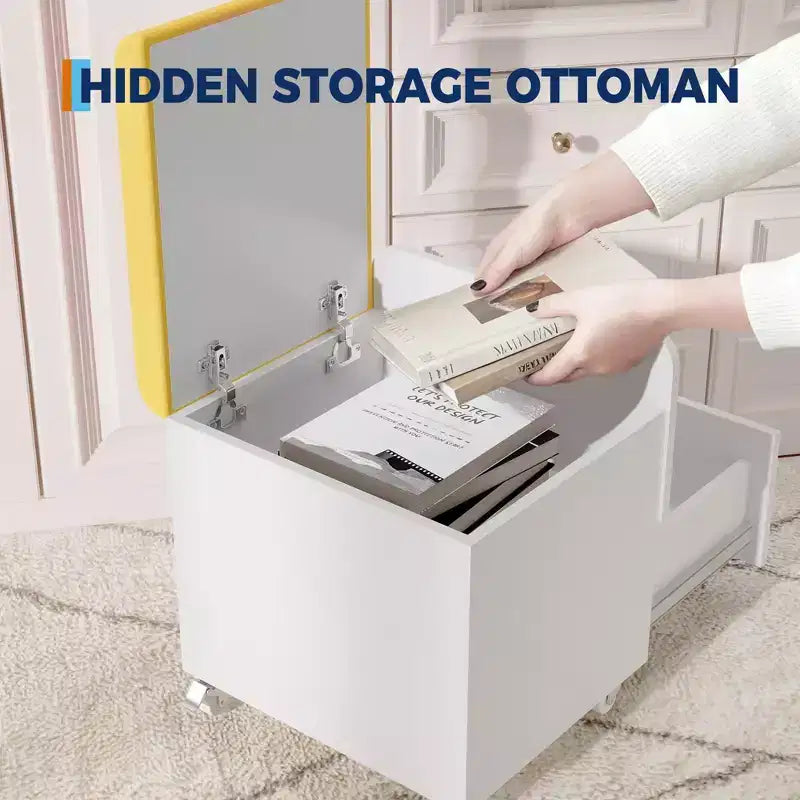 Sgabello Moderno per Toeletta con Cassetto Contenitore, Pouf in Pelle PU da 17.3 con Ruote Bloccabili, Sedia da Trucco Multifunzionale per Camera da Letto e Soggiorno